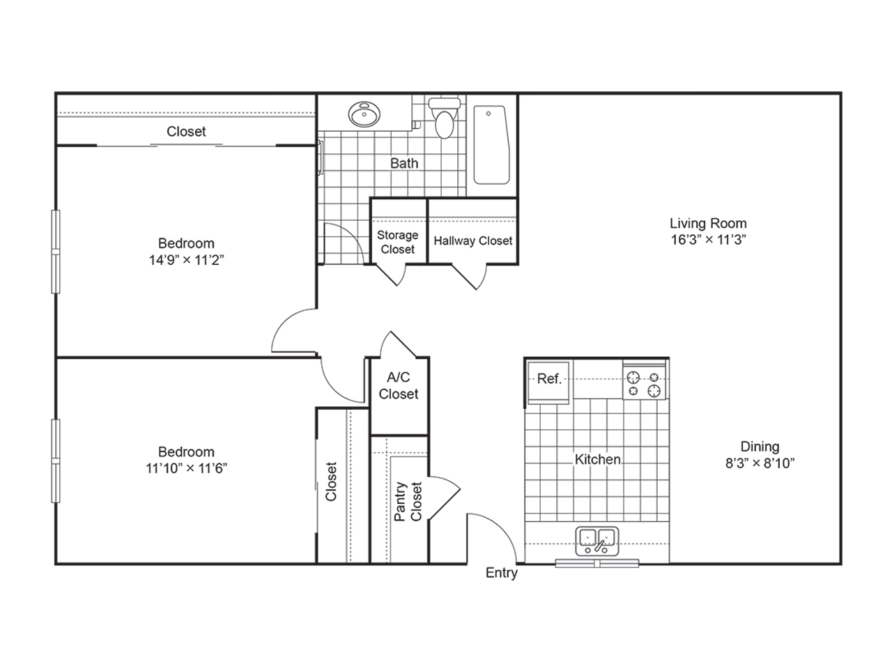 2 bedroom 1 bath apartment floorplan